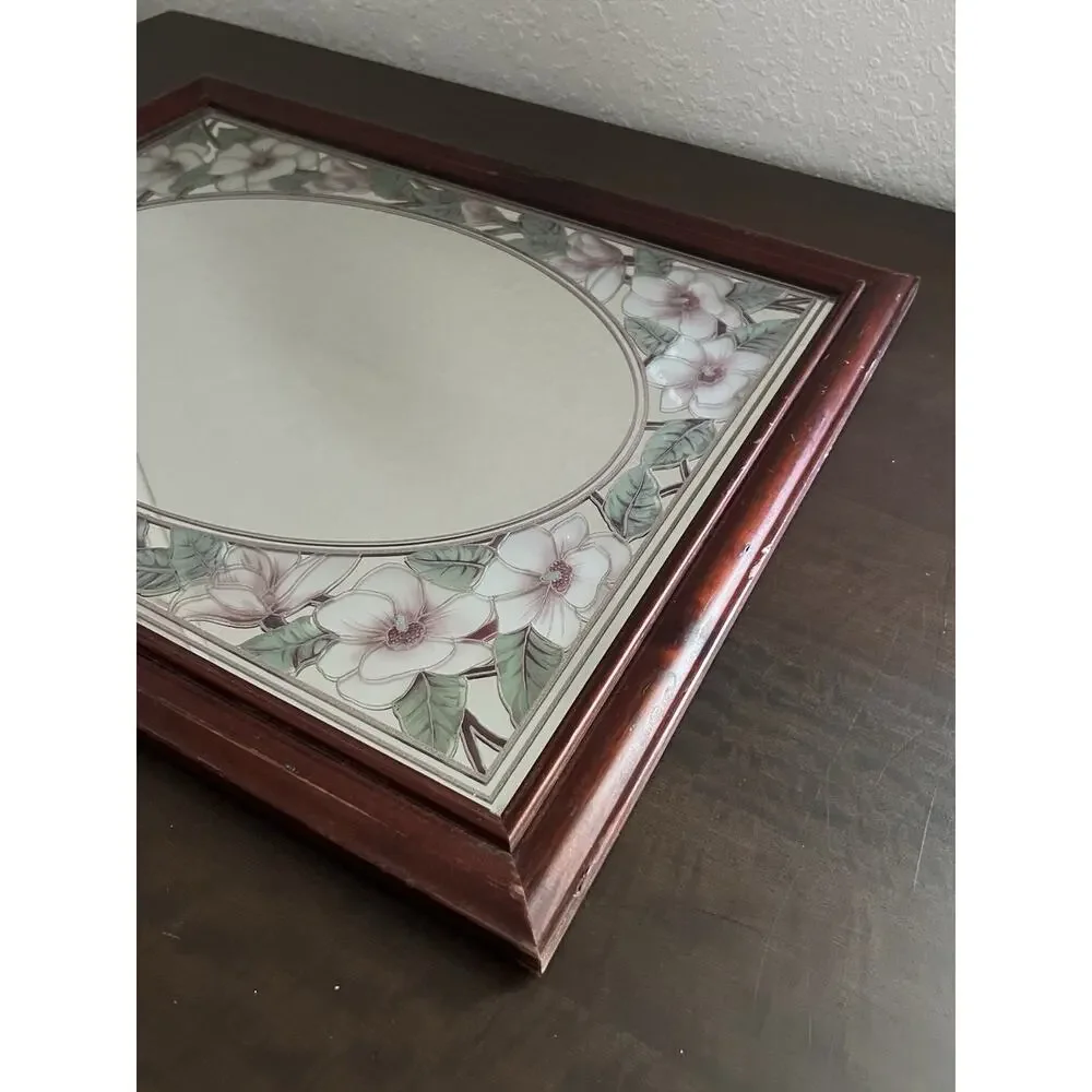 Vtg Romantic Etched Floral Flower Magnolia Oval Mirror Wood Frame Granny Retro